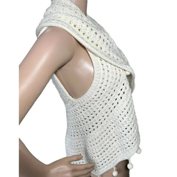 Vintage Y2K MUDPIE Crochet Knit Cardigan Sweater Size S Ivory Sleeveless Shawl - Picture 6 of 9